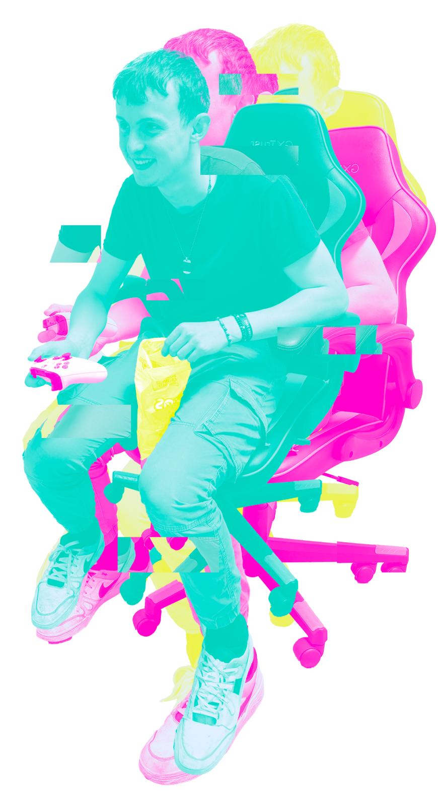 A glitchy photo of a person enjoying a game while eating doritos.