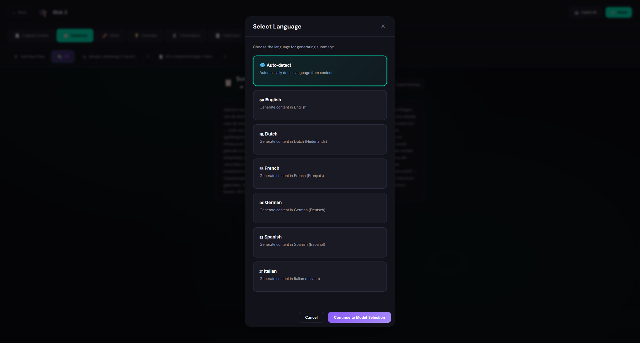 Generate content - language selection