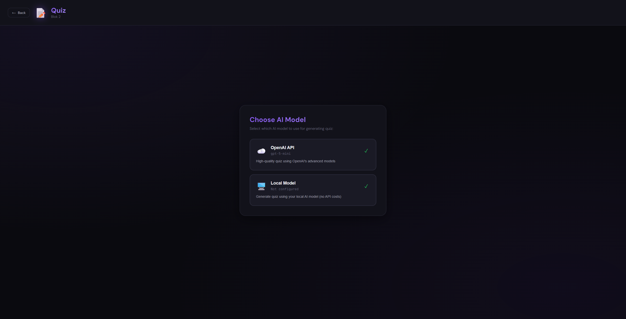 Quiz creation - model selection