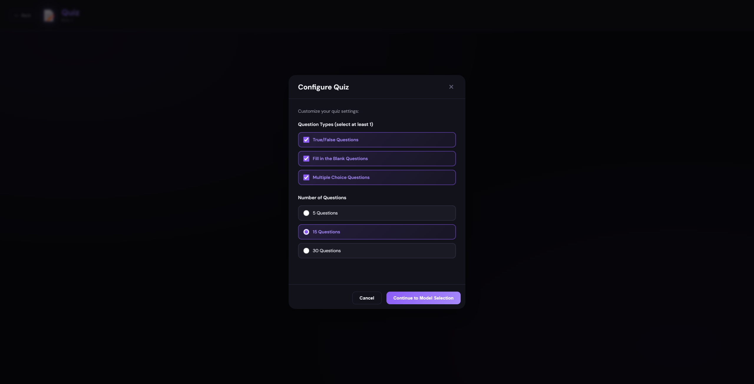 Quiz creation - options selection