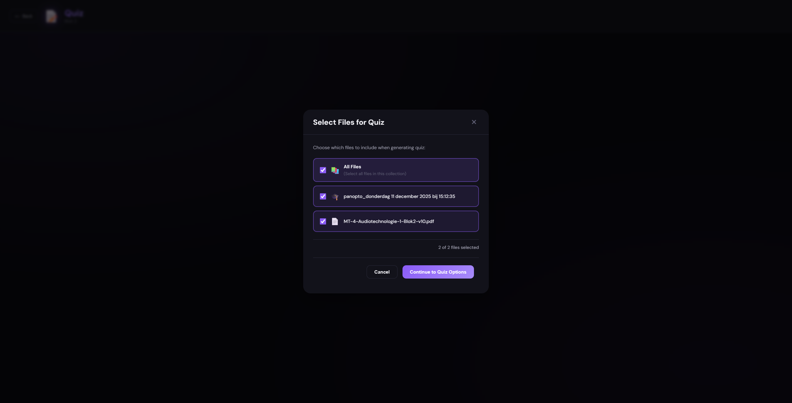 Quiz creation - select files