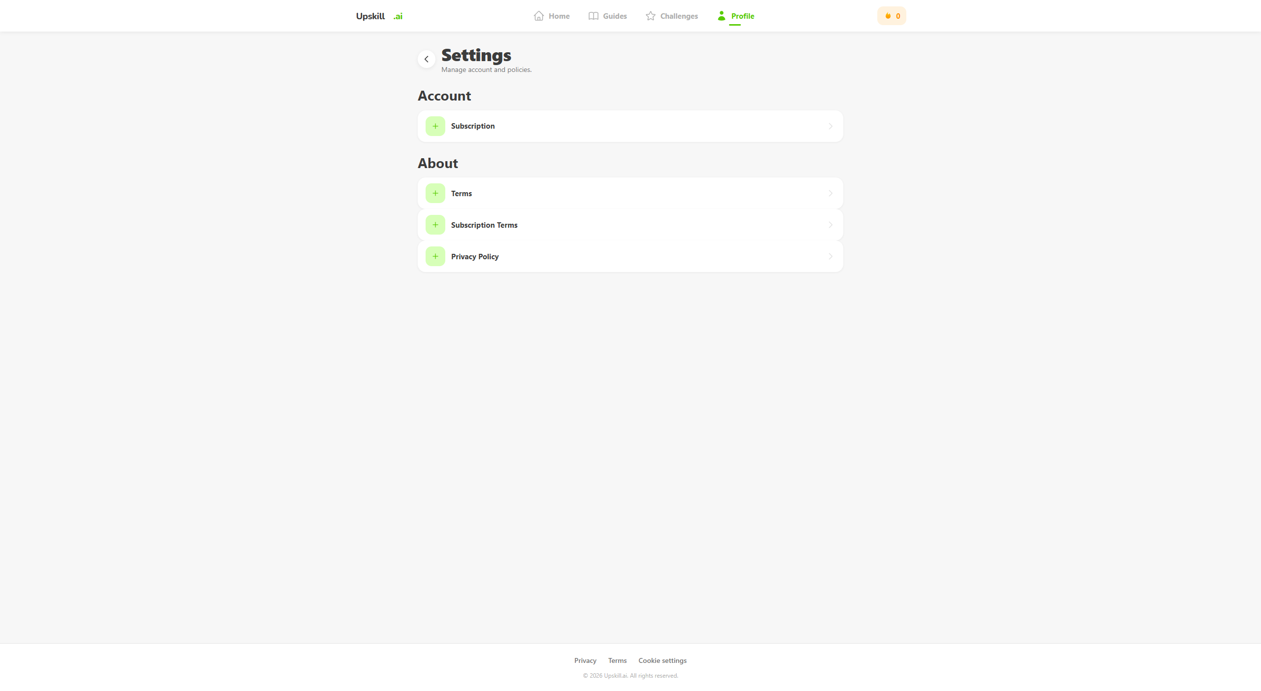 Settings screen