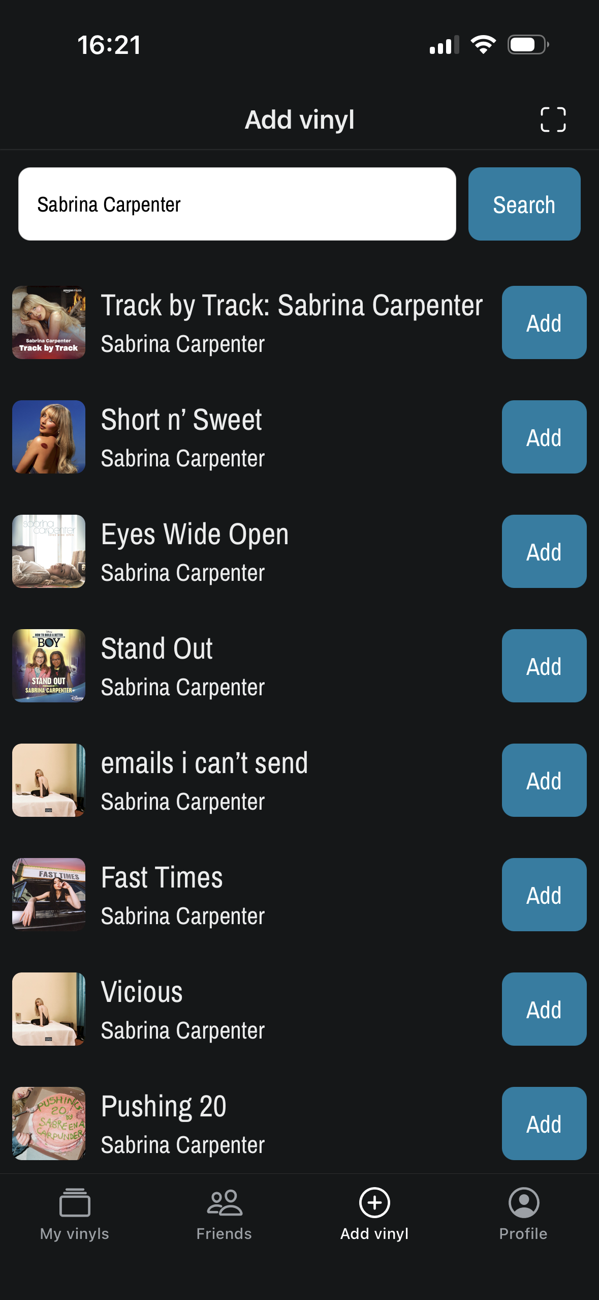 Add vinyl by search screen